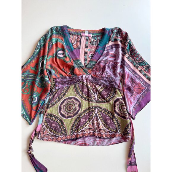 ALICE & TRIXIE Multi Color Scarf Print Silk Satin V-Neck Wrap Blouse, Size M - Picture 6 of 14